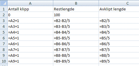Excel regneark som viser formlene R av x og B av x.